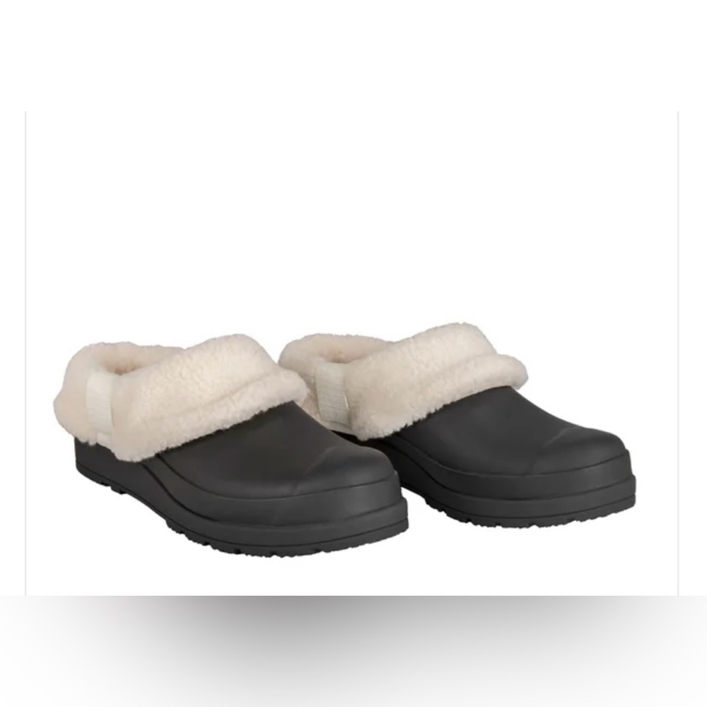 Hunter Black and Cream Mules with Fuzzy Collar